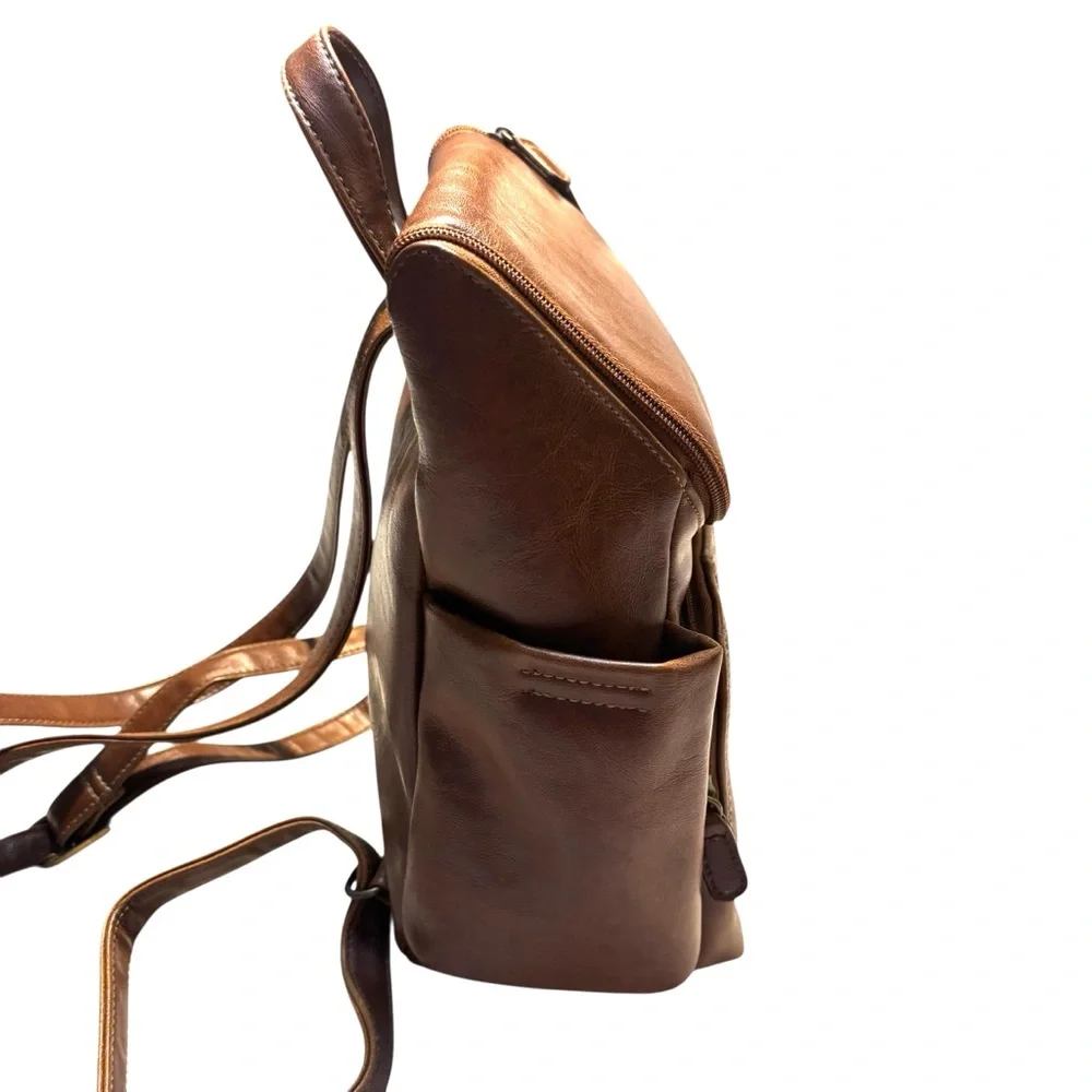 Connections Mini Backpack Tan Cognac Faux Leather Brass-tone Hardware Brown Intr